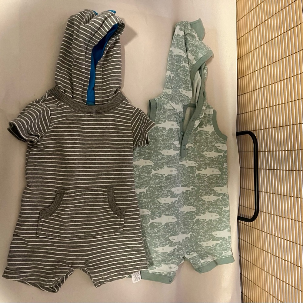 Carter's Grey Striped and Green Shark Graphic Print Hooded Rompers